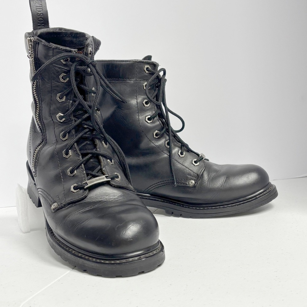 Harley-Davidson Mens 9 91023 Black Leather Side Zip Biker Combat Boots Moto Read